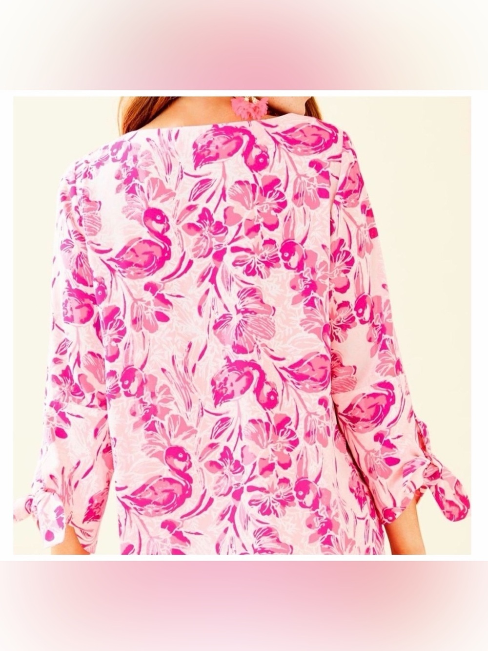 Lilly Pulitzer Langston Top Pink Flamingo with Bow-Tie Sleeves, Size Small - Picture 2 of 10